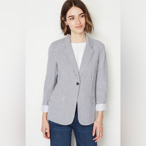 J. Jill Jackets & Blazers - J.Jill Seersucker Blazer Sz XL Stripes One Button Flap Pockets Long Sleeves Navy